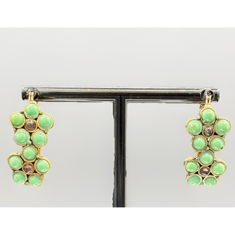 Vintage 90s Gold-Tone Green Painted Glass Cluster Earrings Chic Style